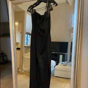 Black asymmetrical 1 shoulder gown with stone details